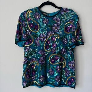 Carolyne Barton Night Floral Sequin Embellished Teal and Purple Blouse